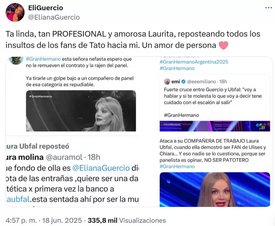 Eliana Guercio expuso a Laura Ubfal en los retuits que dio de posteos que piden su cabeza.