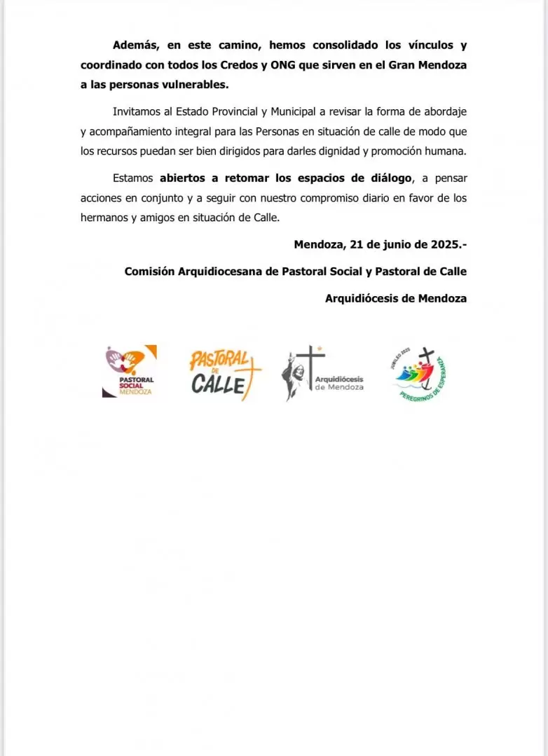 El final del comunicado de la Arquidicesis de Mendoza ante los muertos de fro del ltimo fin de semana en la provincia.