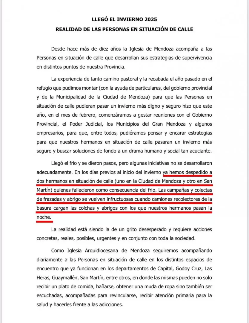 El comienzo del comunicado de la Arquidicesis de Mendoza ante los muertos de fro del ltimo fin de semana en la provincia.