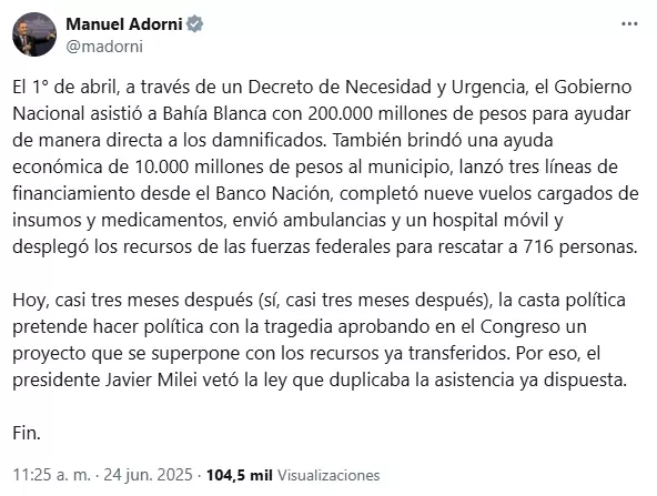 La reaccin de Manuel Adorni al veto de Milei