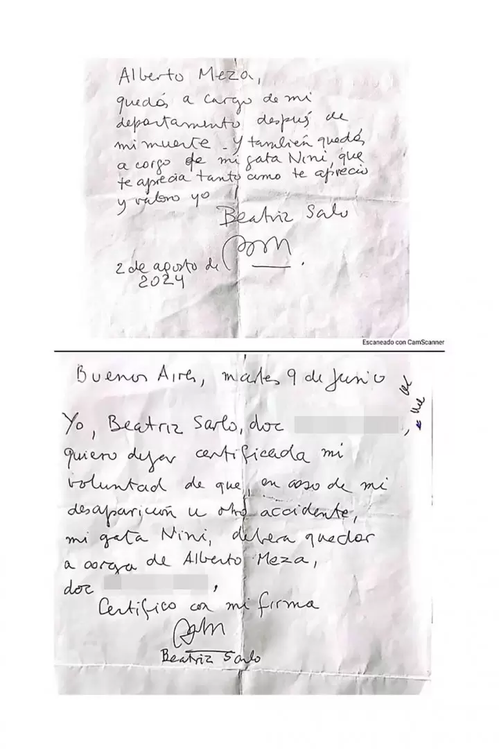 Los papeles que present ante la Justicia Melanio Alberto Meza Lpez, el encargado del edificio donde falleci Beatriz Sarlo.