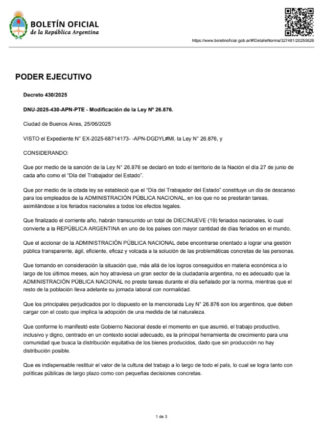 Mediante un DNU, Javier Milei dej sin efecto la jornada no laborable del 27 de junio