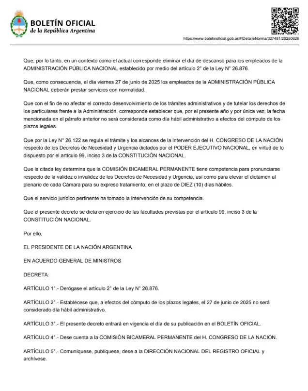El Gobierno nacional oficializ la eliminacin del Da del Trabajador del Estado