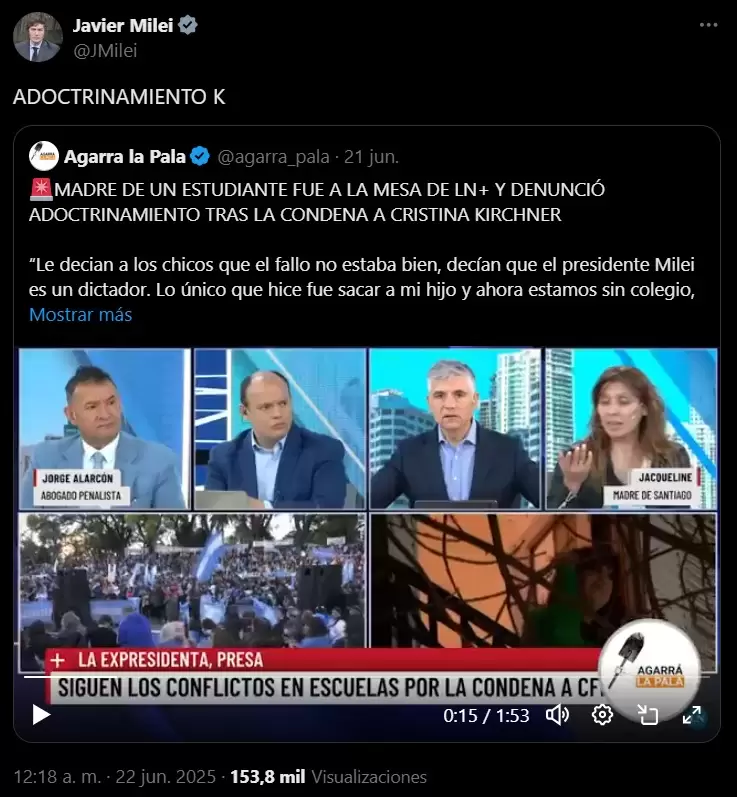 El tuit de Javier Milei en favor de la denuncia que se demostr falsa sobre un alumno libertario perseguido.