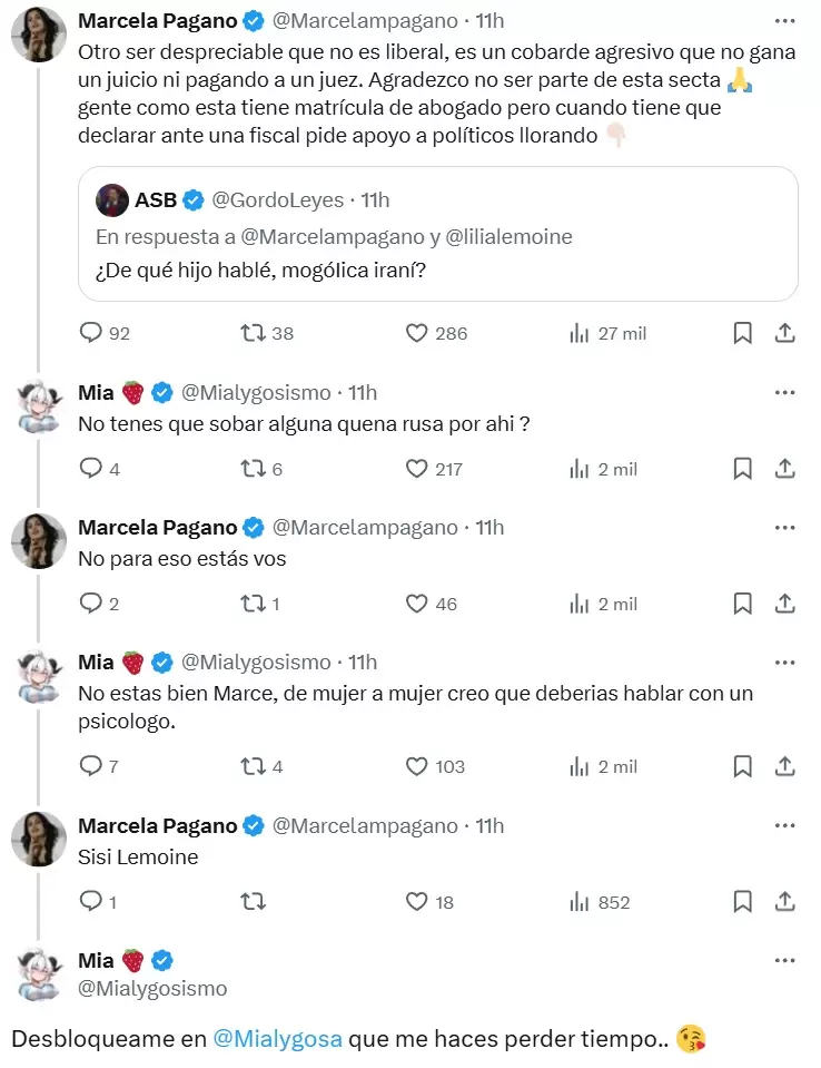 La pelea de Marcela Pagano en redes sociales con Lilia Lemoine y otros trolls de La Libertad Avanza.