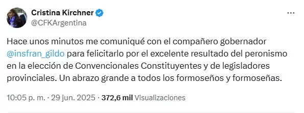 Cristina Kirchner felicitó a Gildo Insfrán por las elecciones en Formosa