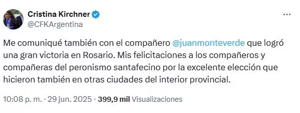 Cristina Kirchner felicitó a Juan Monteverde