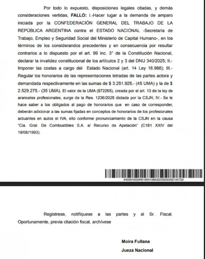 La Jueza Moira Fullana hizo lugar al amparo presentado por la CGT contra el Decreto de Necesidad y Urgencia 340/25