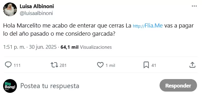 El incendiario posteo de Luisa Albinoni