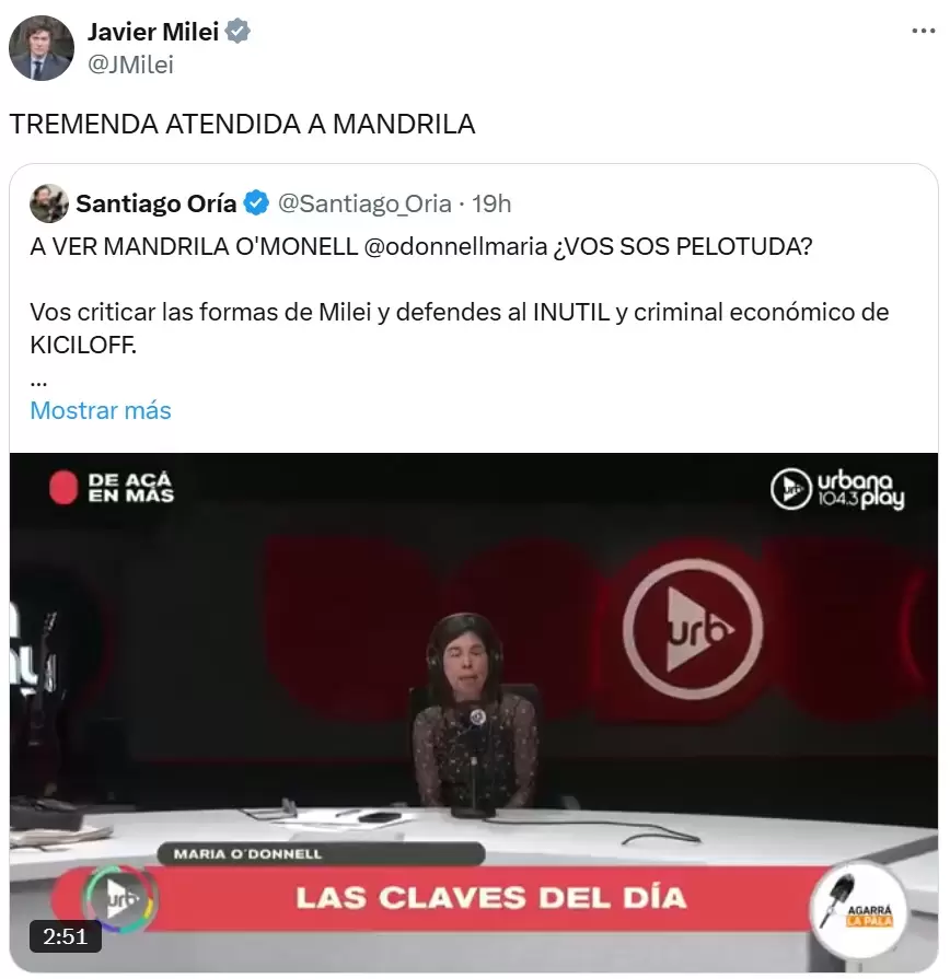 Santiago Oria insultó de forma desmedida a María O'Donnell y Milei lo recompensó con un retuit.
