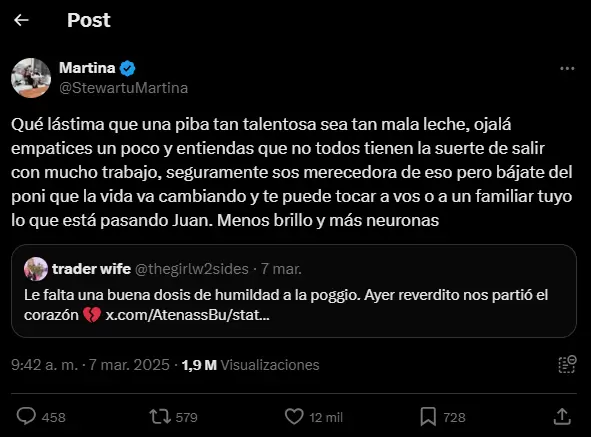 Tweet de Martina Stewart contra Juli Poggio