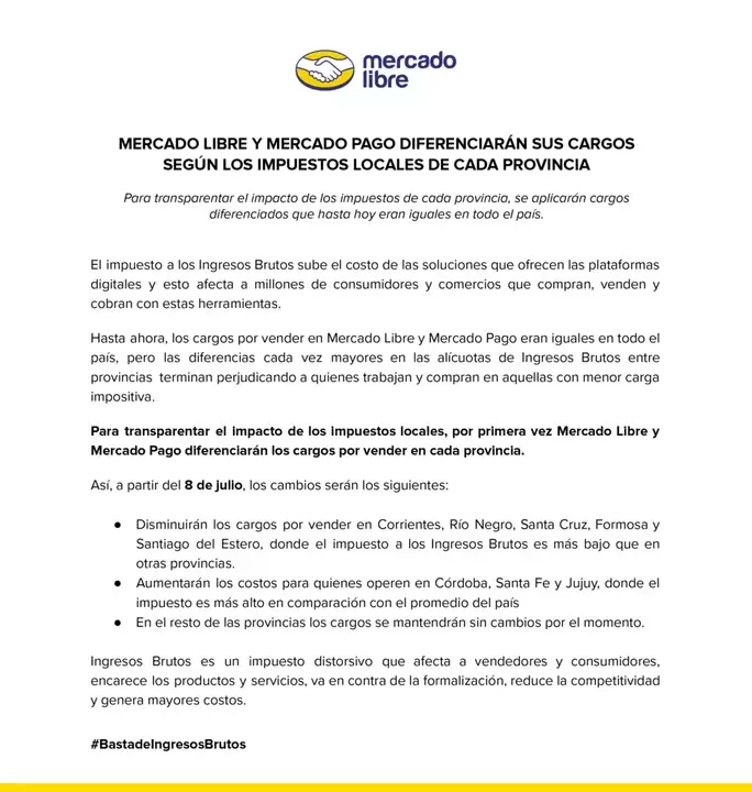 El comunicado de Mercado Libre en el cual oficializa su medida discriminatoria.