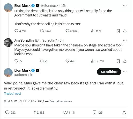 El ida y vuelta en donde Elon Musk reconoció que le faltó empatía cuando recibió la motosierra por parte de Milei.