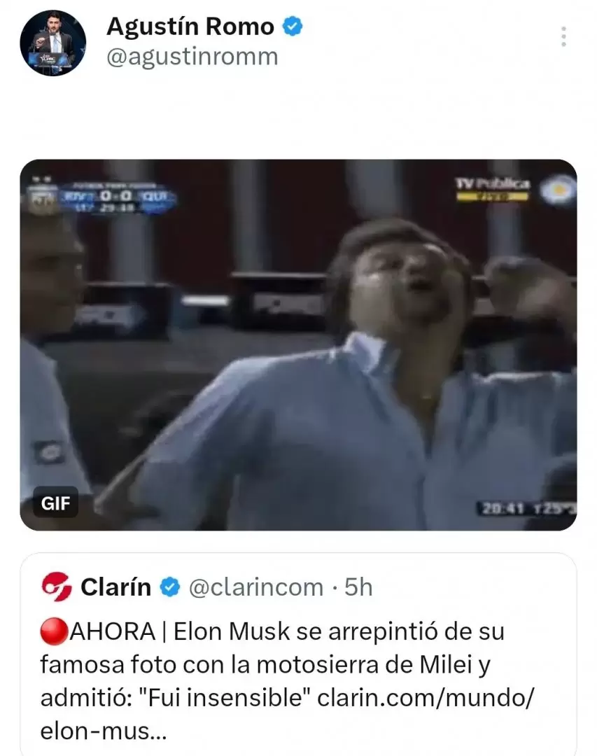 Agustín Romo y su ataque a Elon Musk por criticar haber recibido la motosierra de Milei en febrero.