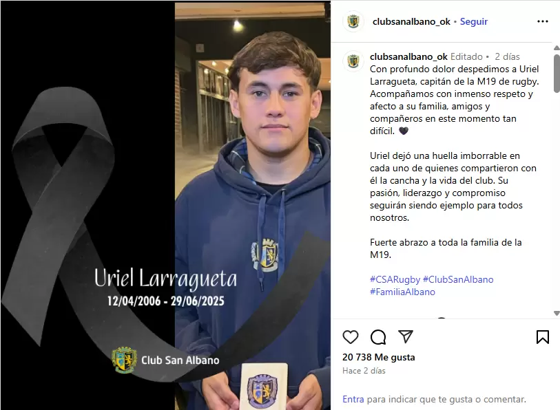 El mensaje de despedida a Uriel Larragueta, capitán de la categoría M19 del Club San Albano, que fue encontrado sin vida.