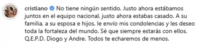 El mensaje de Cristiano Ronaldo en redes sociales para despedir a Diogo Jota y su hermano André Silva.