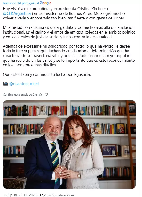 El posteo de apoyo de Lula a CFK