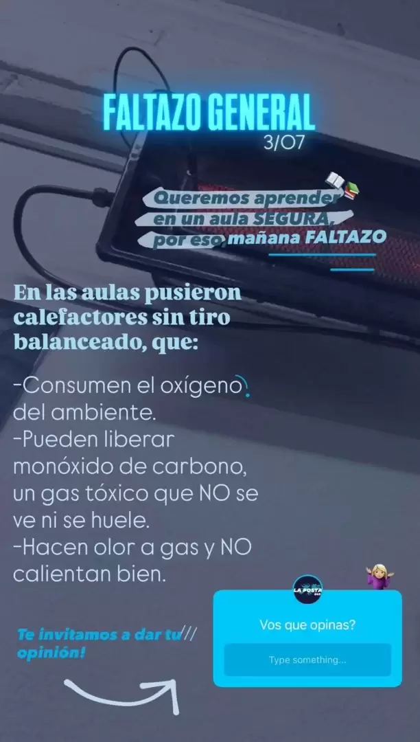 La convocatoria al faltazo masivo del colegio Universitas por la instalacin de los calefactores sin tiro balanceado.