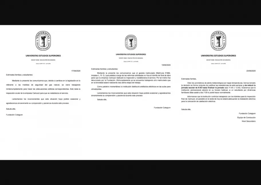 Los comunicados del colegio Universitas de La Plata sobre los problemas de gas.