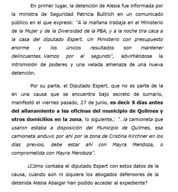 Parte de la denuncia de Siley y Recalde