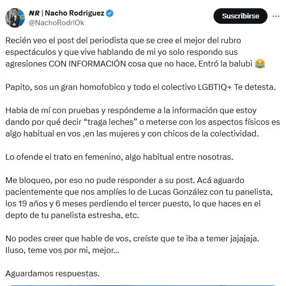 La contundente respuesta de Nacho rodrguez a De Brito