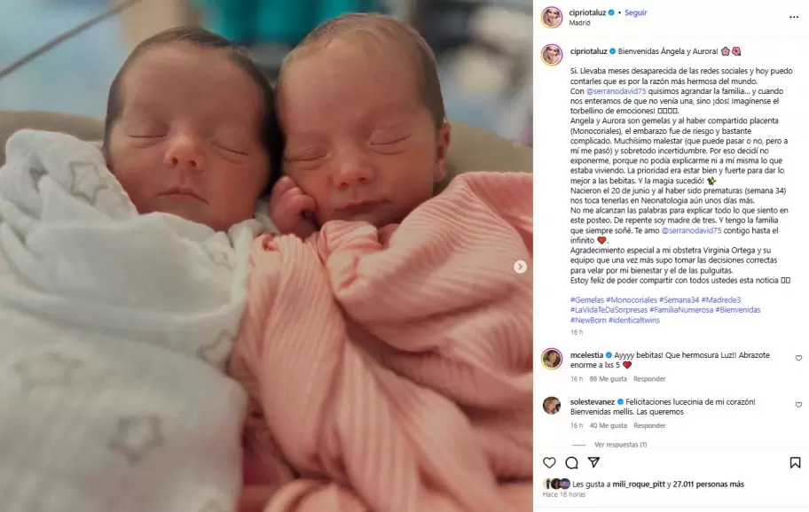 Luz Cipriota reapareci en Instagram con una noticia tan emotiva como inesperada: fue mam de gemelas.
