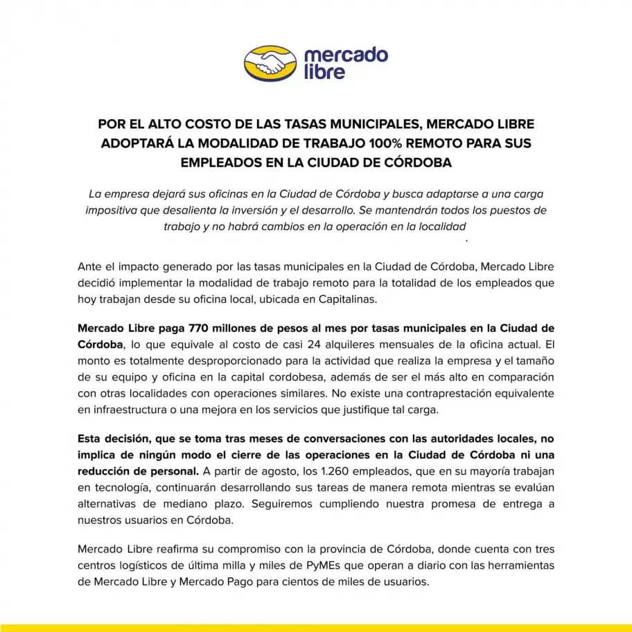 Comunicado completo de Mercado Libre Crdoba