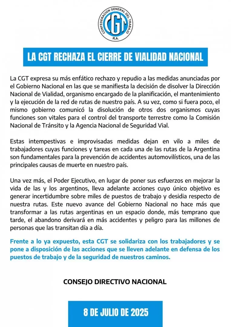El comunicado de la CGT