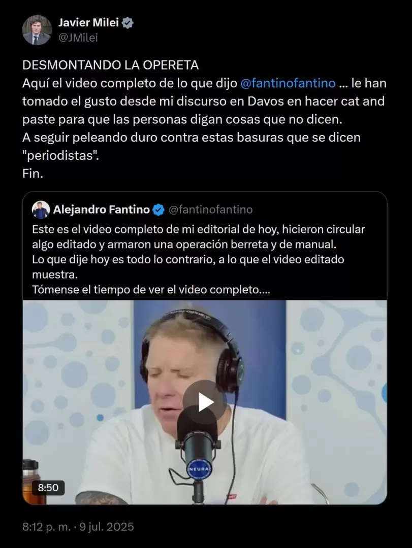 El posteo de Javier Milei sobre el video de Fantino