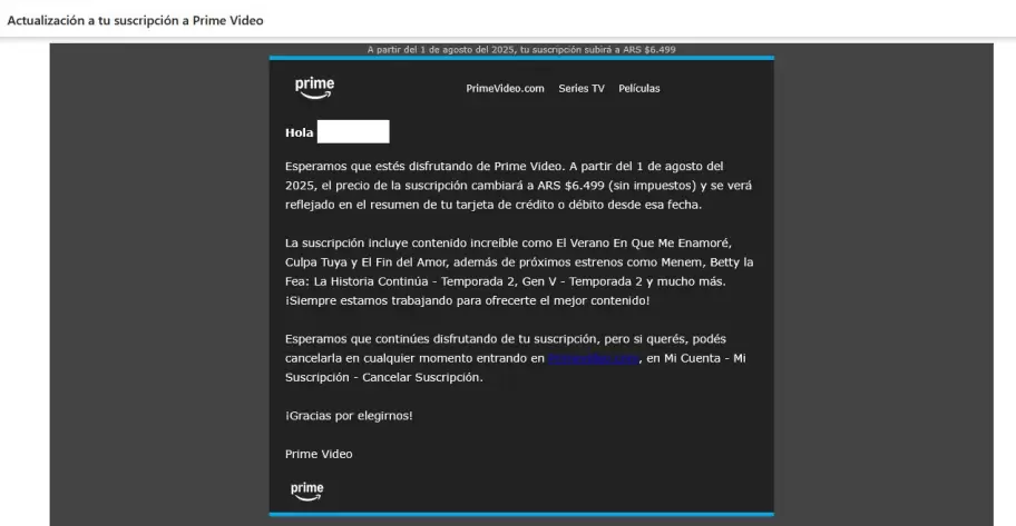 El mail de Amazon Prime para anunciar los aumentos a sus usuarios.