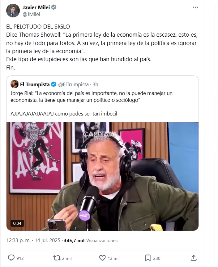 El incendiario posteo de Milei contra Rial