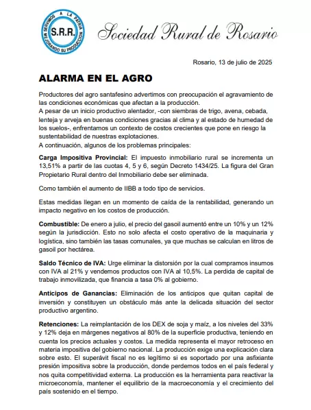 Comunicado de la Sociedad Rural rosarina