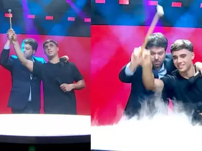 Guido Kaczka junto a un participante del portal del gong, el nuevo y polmico juego de su programa "Buenas noches, familia"