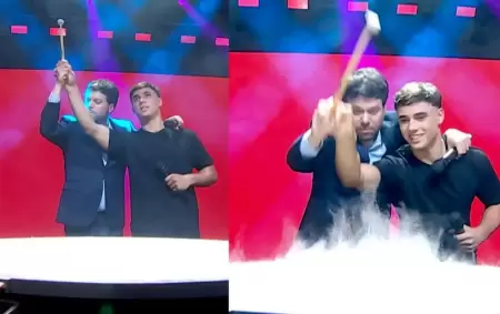 Guido Kaczka junto a un participante del portal del gong, el nuevo y polémico juego de su programa "Buenas noches, familia"