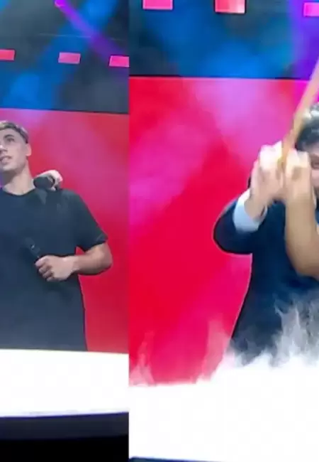 Guido Kaczka junto a un participante del portal del gong, el nuevo y polémico juego de su programa "Buenas noches, familia"