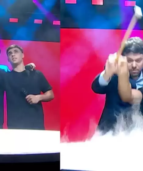 Guido Kaczka junto a un participante del portal del gong, el nuevo y polémico juego de su programa "Buenas noches, familia"
