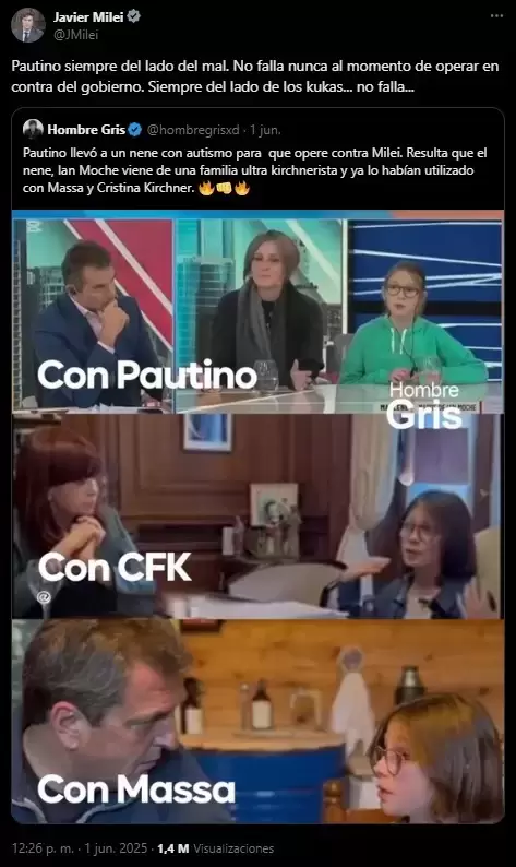 El tweet de Javier Milei contra Ian Moche, un nene con trastorno del espectro autista