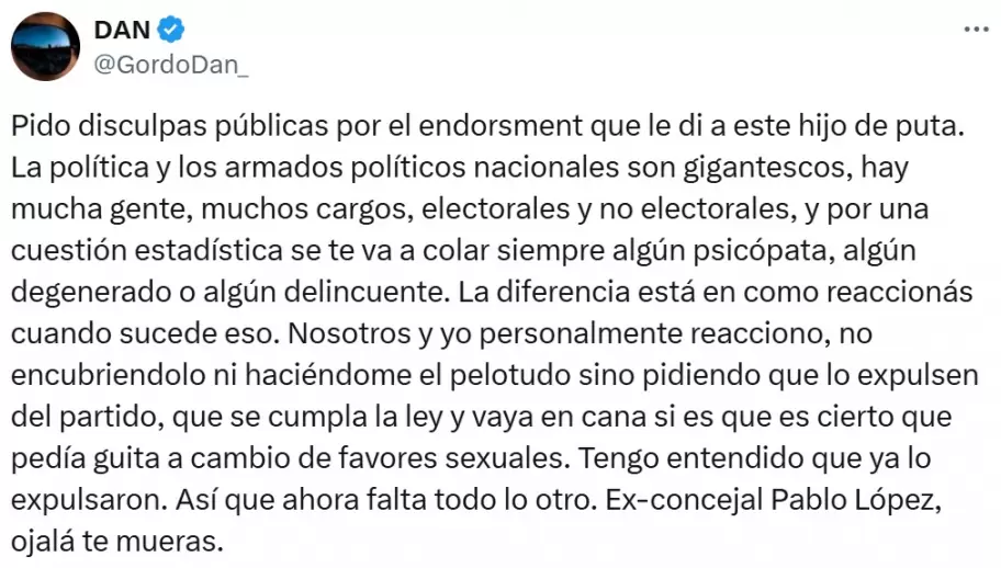 El pedido de disculpas de Daniel Parisini, mejor conocido como el Gordo Dan, tras el apoyo a un candidato a concejal que exiga sexo por trabajo.