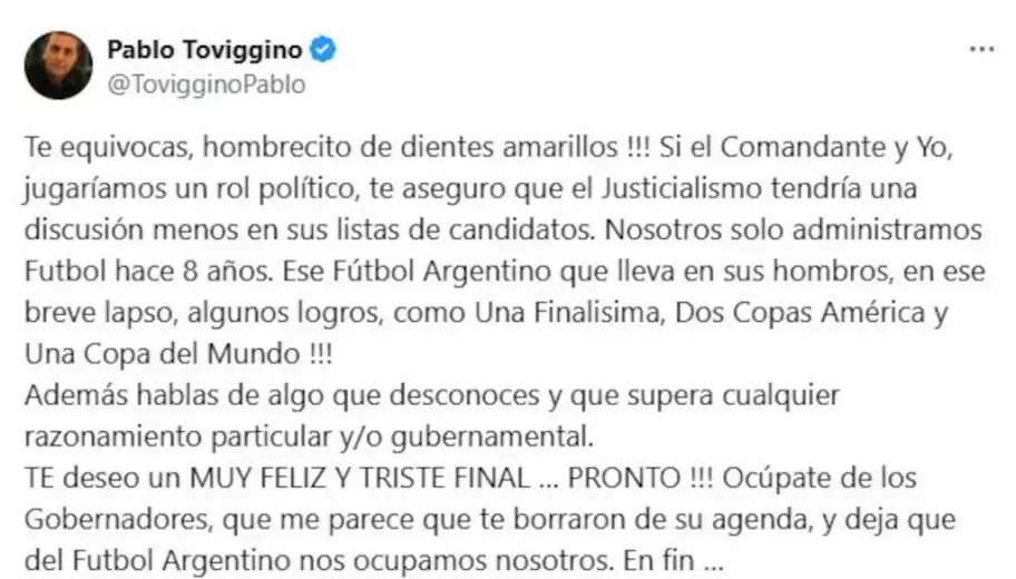 Toviggino fulminó a Francos