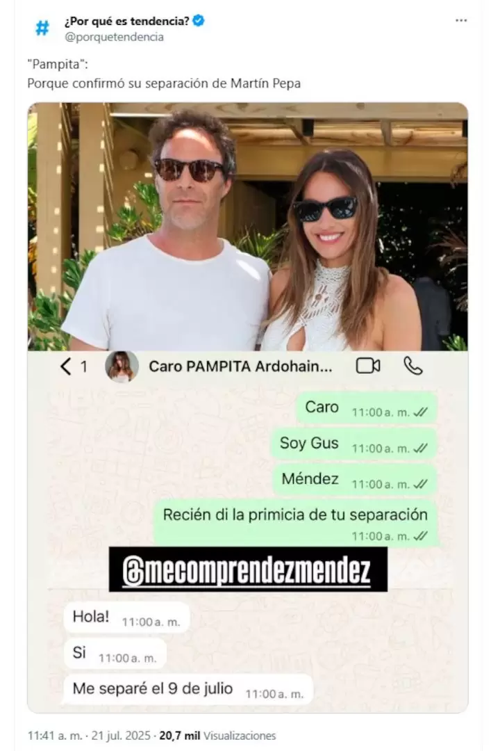 El tuit con el chat y la confirmación de la separación de Pampita y Martín Pepa.