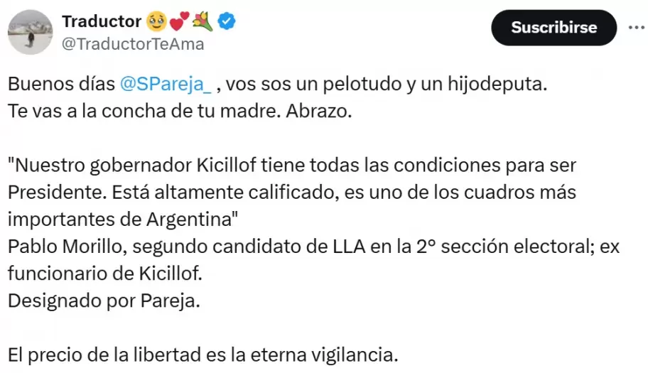 El tuit del tuitero libertario conocido como "Traductor", en el cual atiende a Sebastián Pareja.