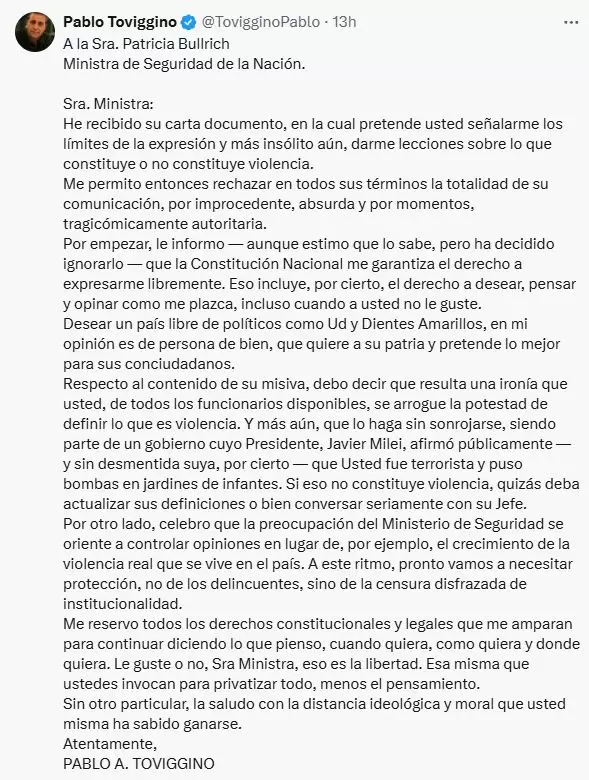 Toviggino le respondi a Bullrich