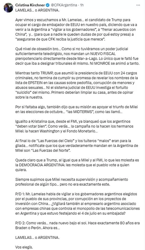 El posteo de la ex presidenta Cristina Kirchner