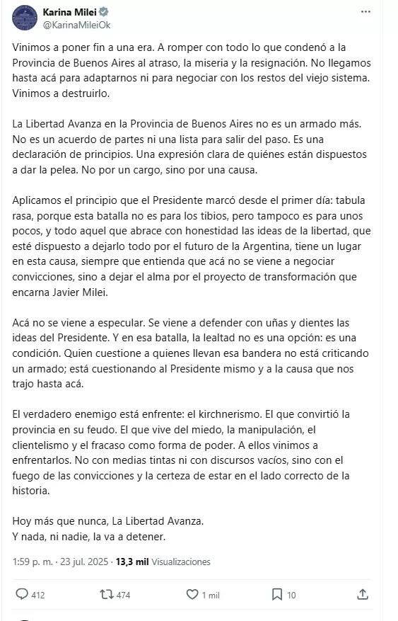 El incendiario posteo de Karina Milei