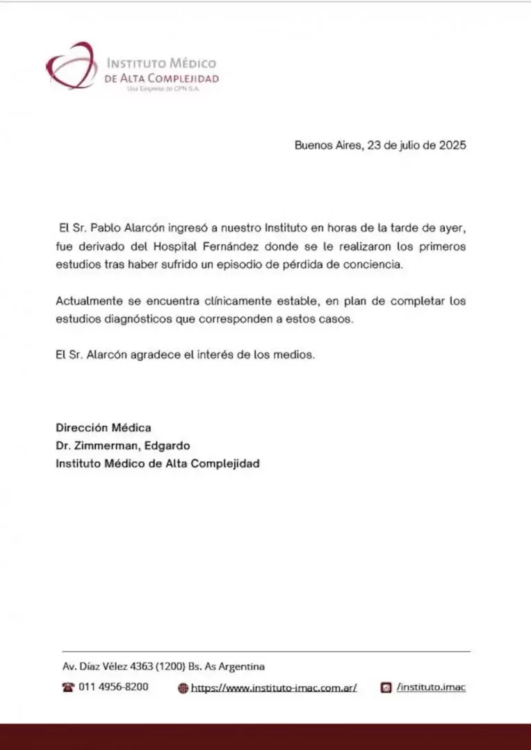 Parte mdico de Pablo Alarcn