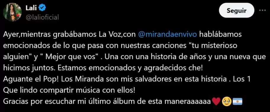 El tuit de Lali Espsito en donde felicit a Miranda! por haber llegado al nmero uno del ranking de Spotify.