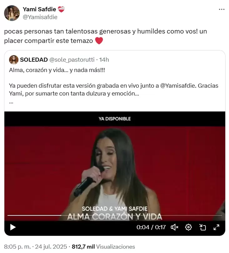 Yami Safdie elogi a Soledad Pastorutti tras las filtraciones de agresiones en el pasado.