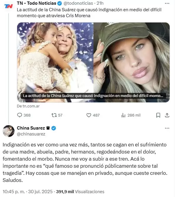 La respuesta de La China Surez a TN