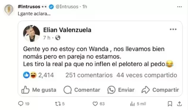 L-Gante se lava las manos y niega una relacin con Wanda Nara