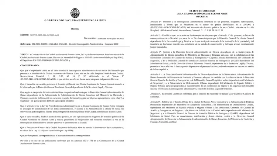 El decreto a travs del cual Jorge Macri dispuso el desalojo del predio de Bonpland 1660.